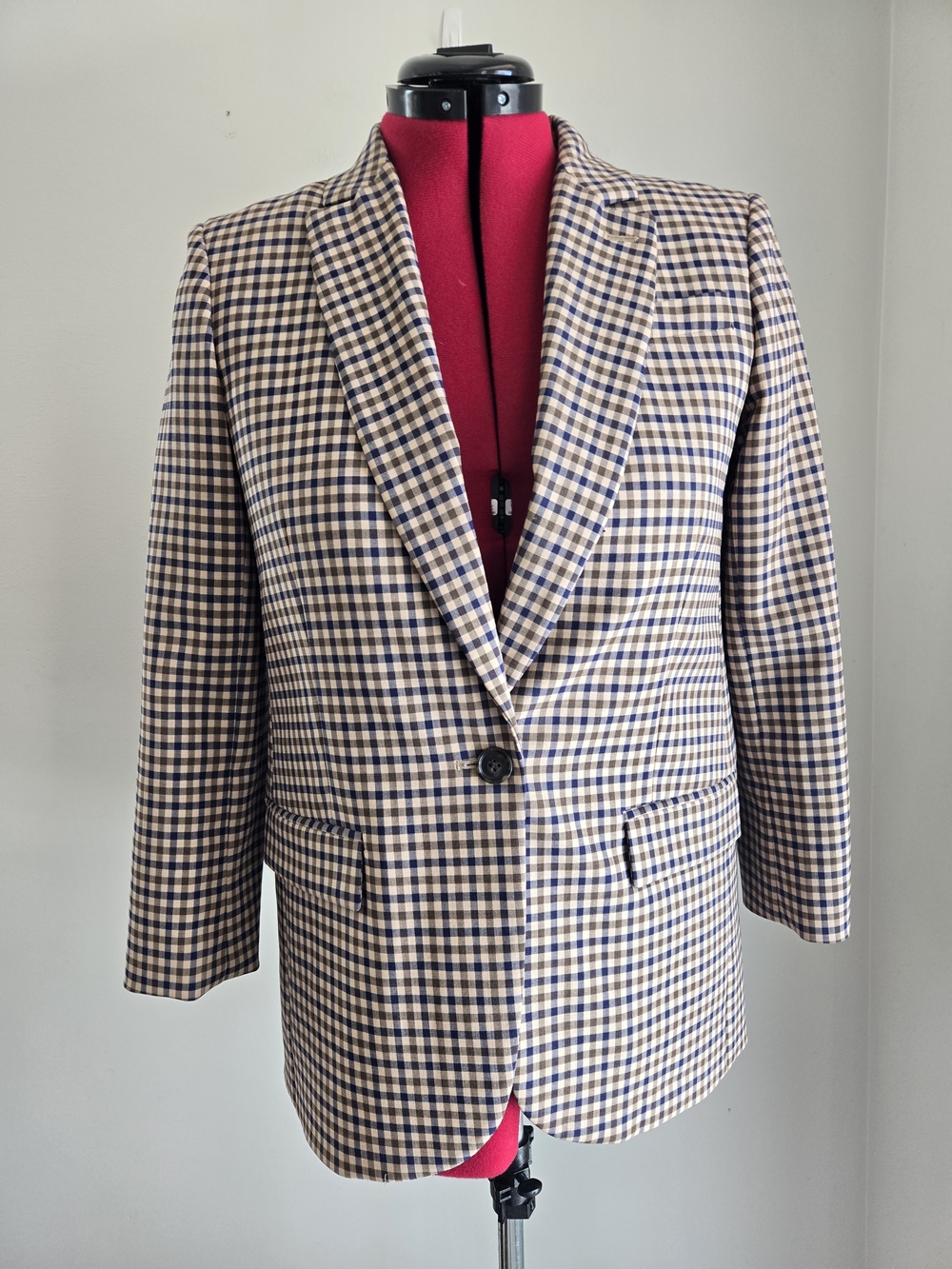 J. Crew 100% Wool Gingham Single-Button Blazer Tan Navy 6P